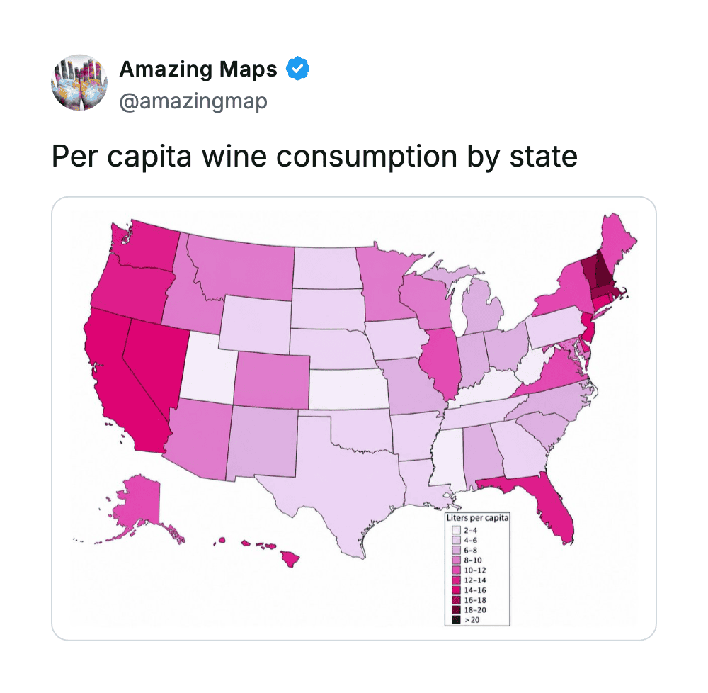 Map of the US showing per capita wine consumption by state with a color legend.