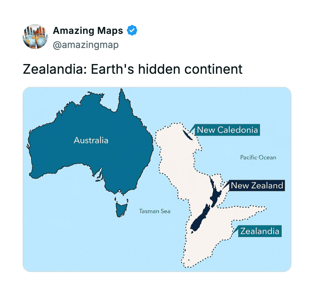 Map showing Zealandia, Earth's hidden continent, including New Zealand, New Caledonia, and Zealandia.