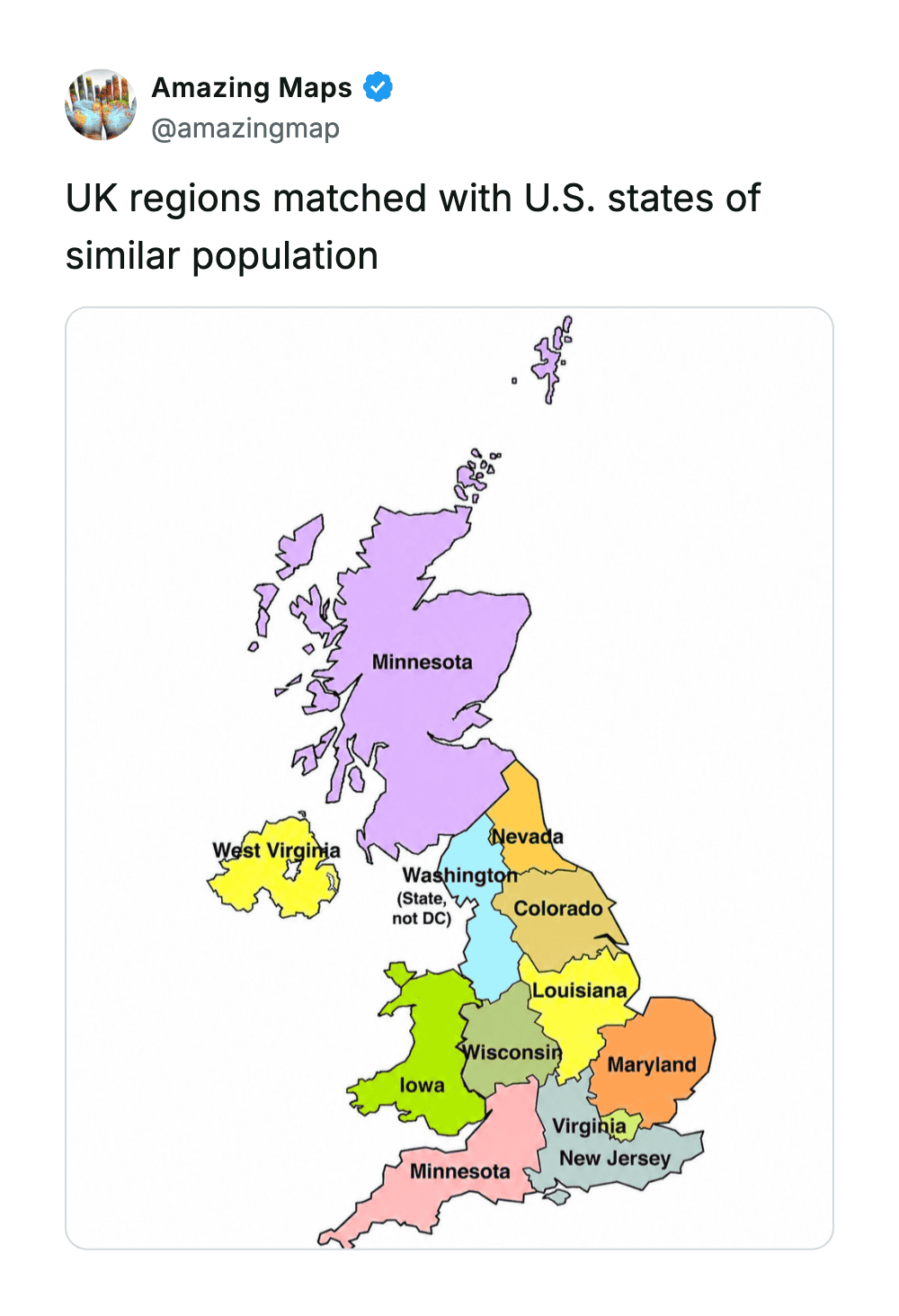 Map showing UK regions matched with U.S. states of similar population.