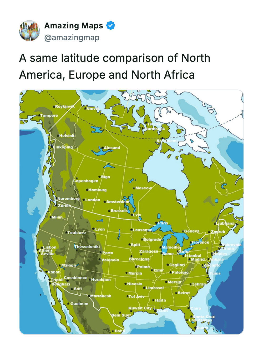 Comparison of North America, Europe, and North Africa at the same latitude.