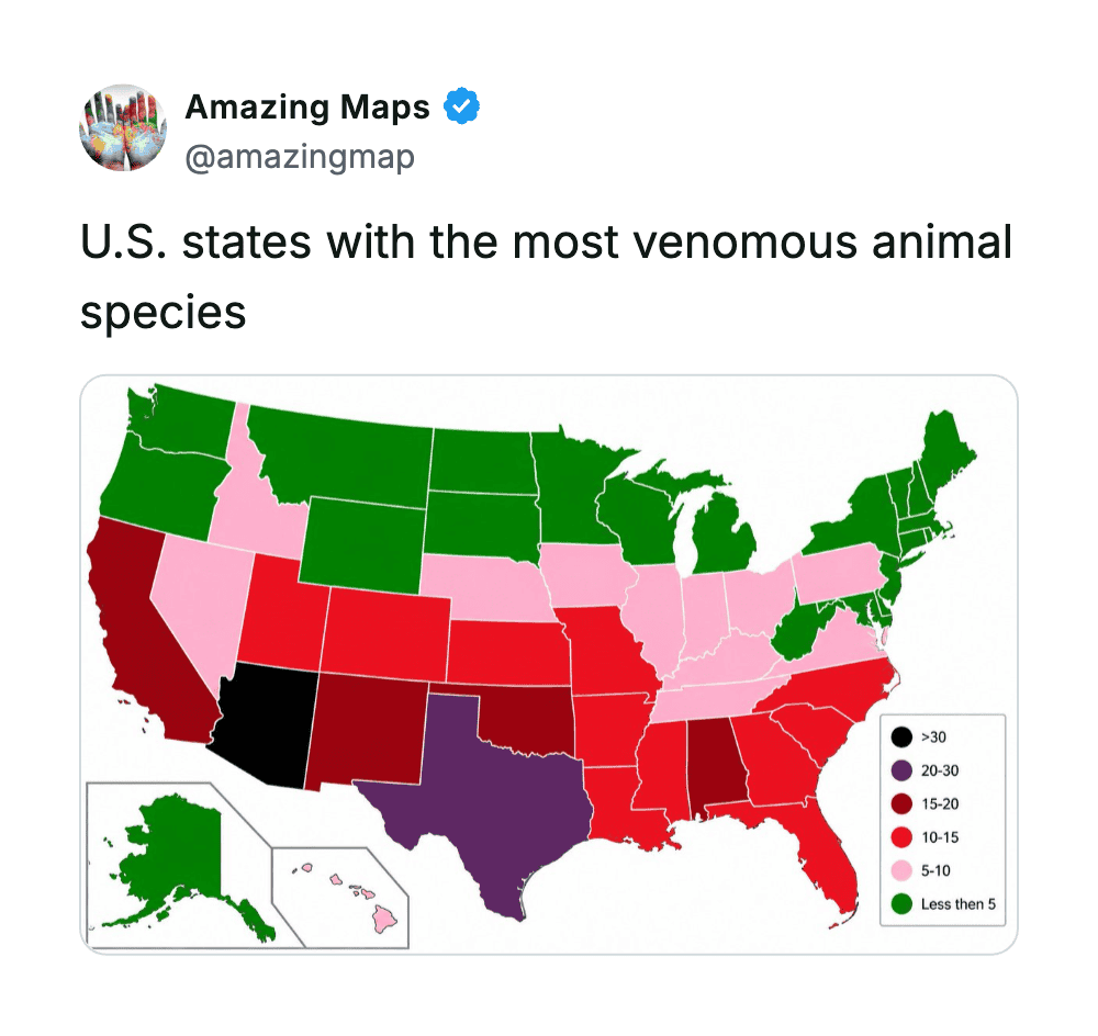 Map of U.S. states showing most venomous animal species by state, color-coded by number of species.
