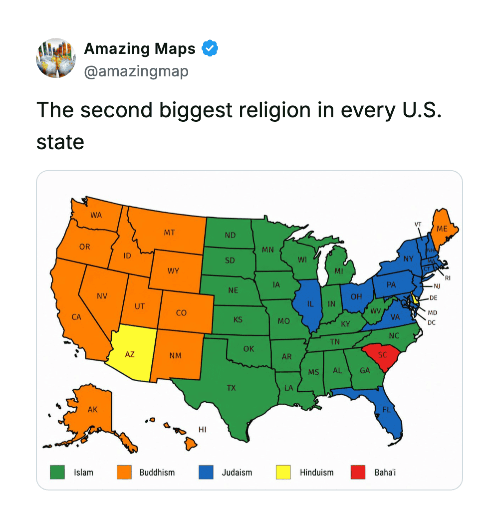 Map of the U.S. showing second biggest religion in each state, with colors for Islam, Buddhism, Judd.