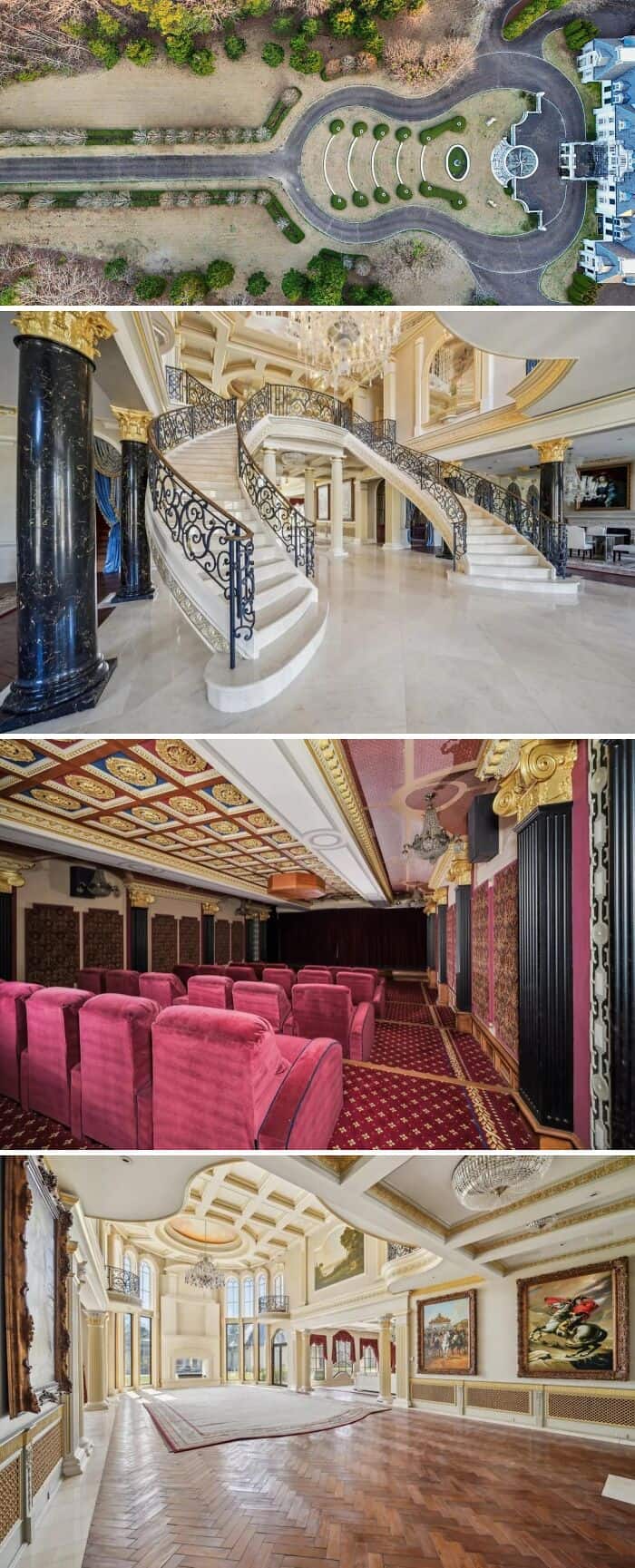 Luxurious mansion with grand staircase, ornate decor, and elegant interior design.
