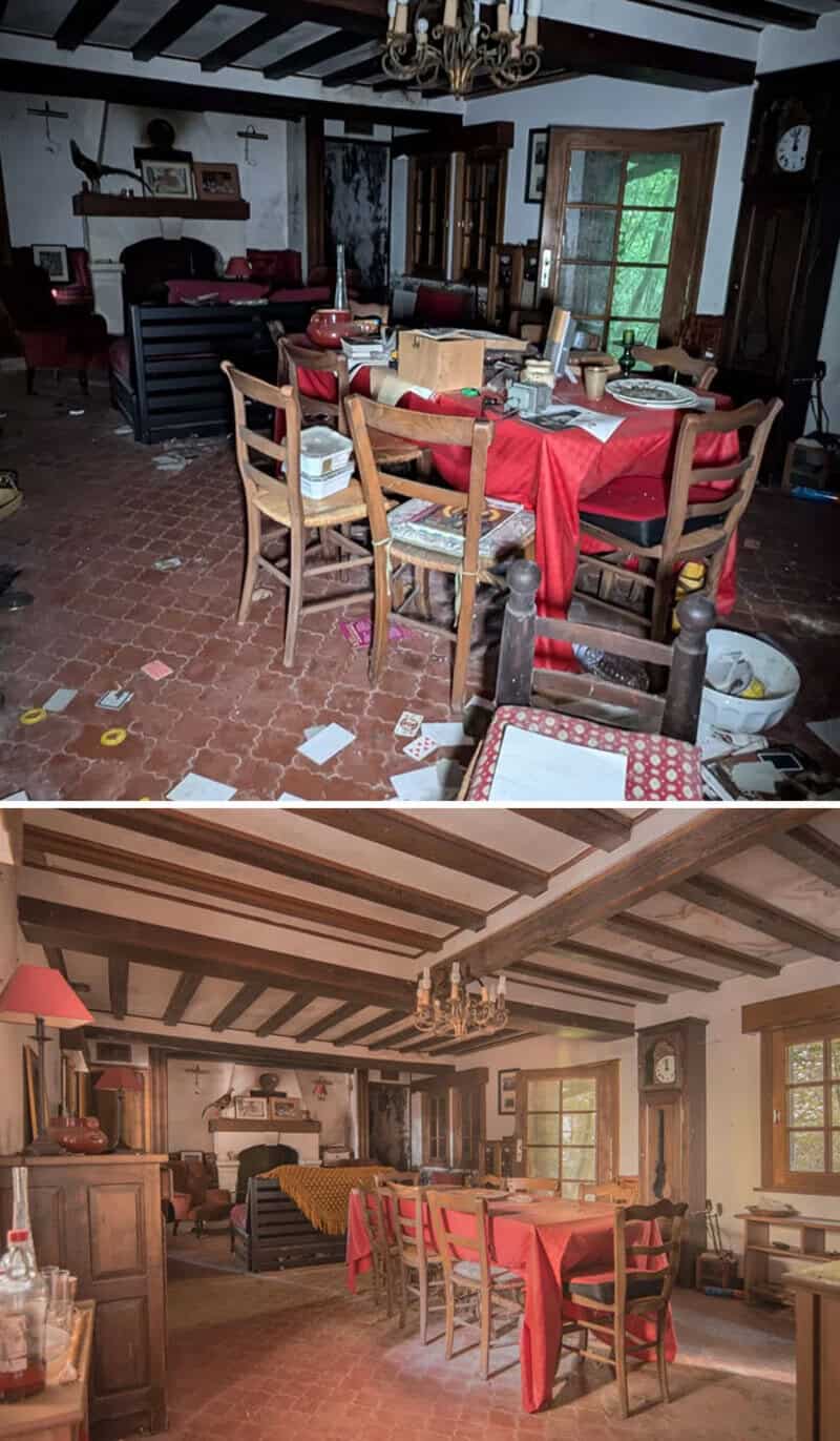 Abandoned dining room with a large table, chairs, and vintage furniture.