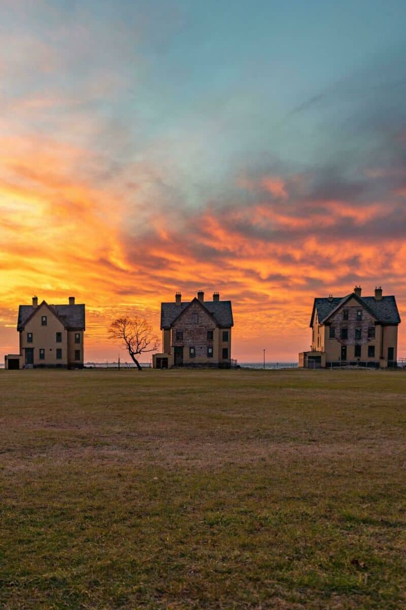 Three houses and a leafless tree against a colorful sunset sky.