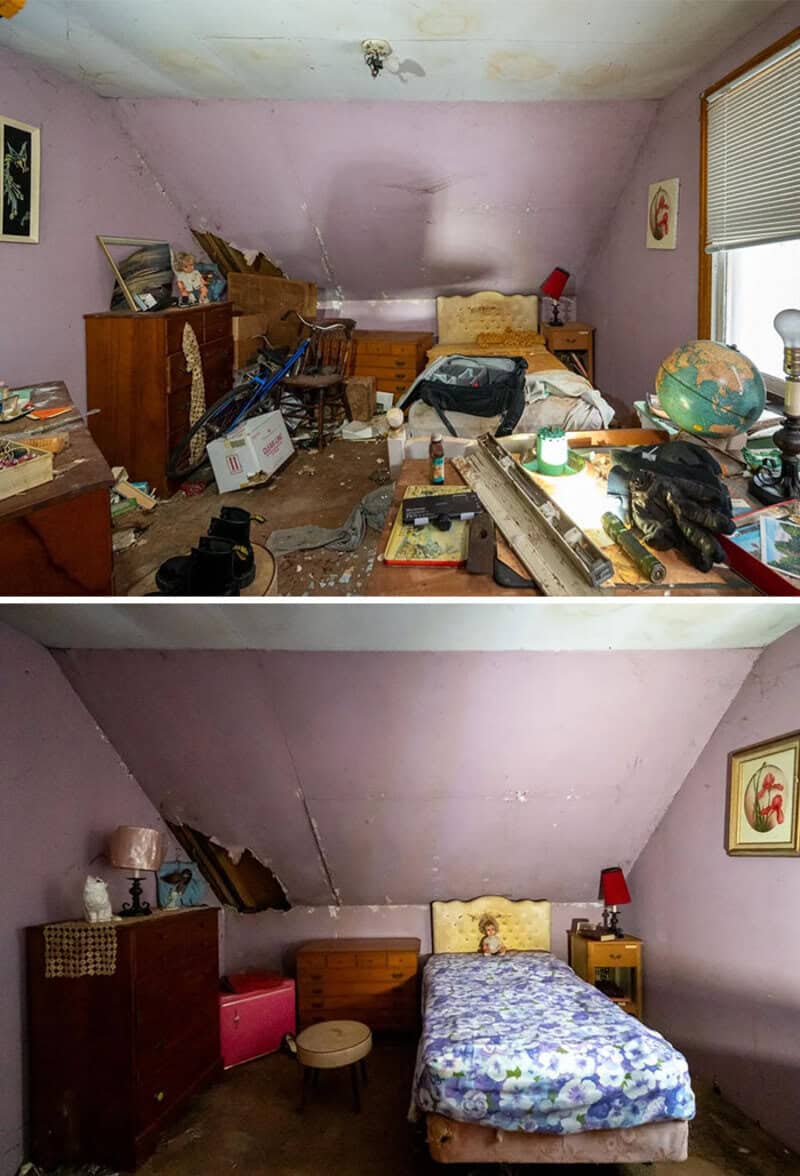 Before and after of a bedroom renovation in an abandoned house.