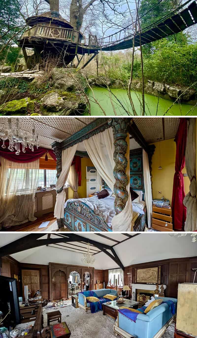 Treehouse with bridge, bedroom with four-poster bed, and vintage living room.