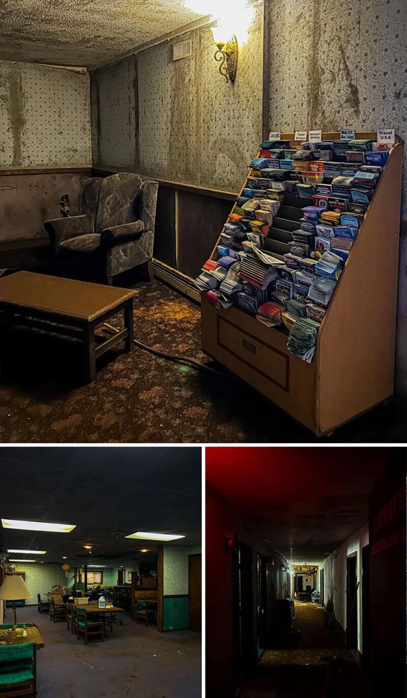 Abandoned room with sofa, bookshelf, and dim lighting in an urban exploration setting.