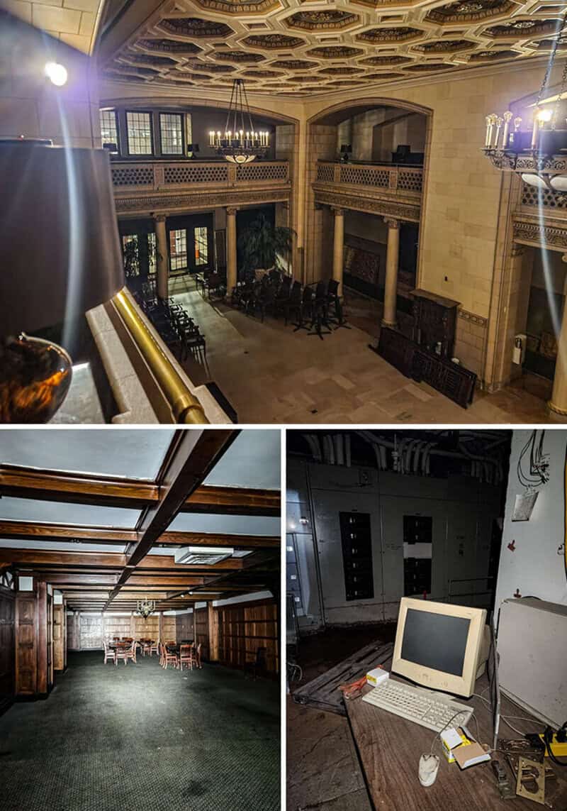 Interior of an abandoned building with ornate ceiling, chandelier, and empty rooms.