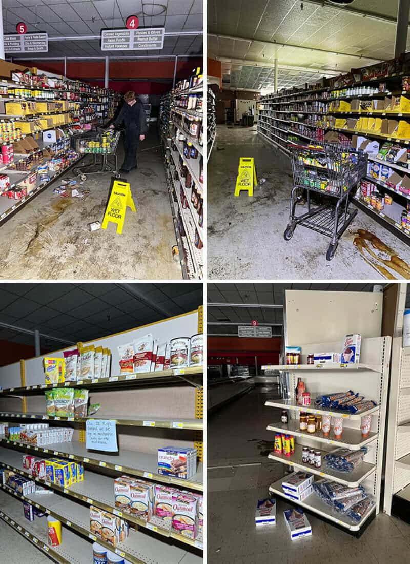 Empty grocery store shelves with some products and a shopping cart.