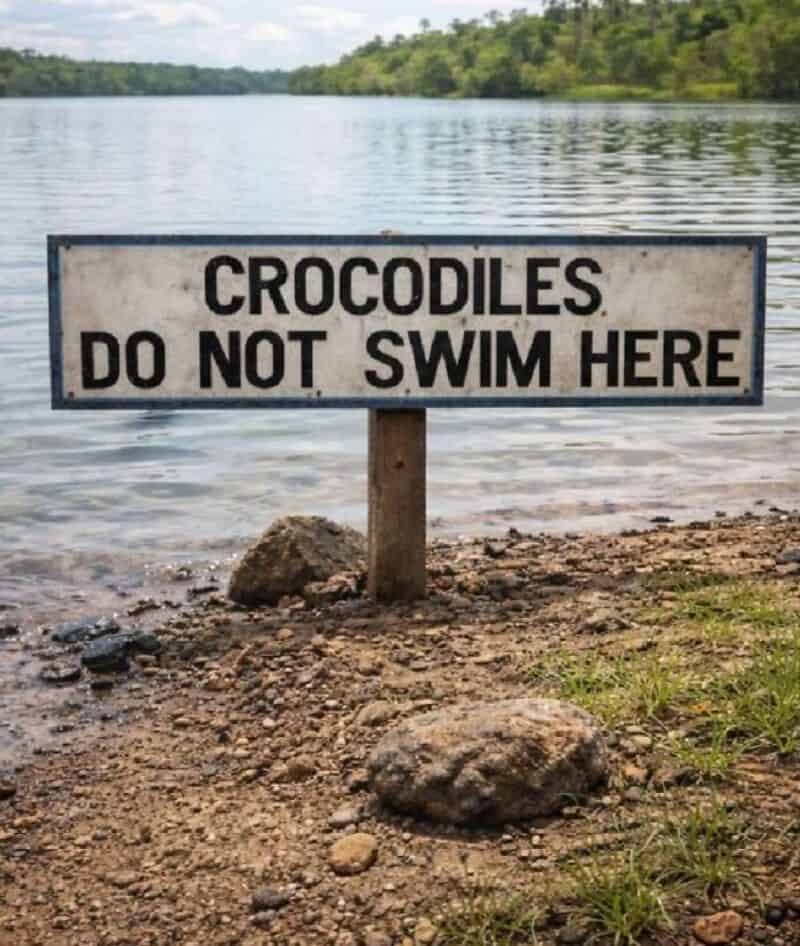 Crocodiles do not swim here sign at a lakeside.