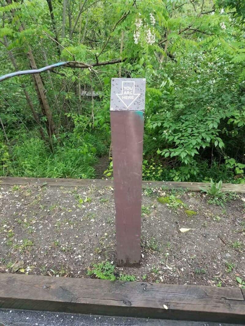 Sign on a post says 'You are here' with an arrow pointing down.