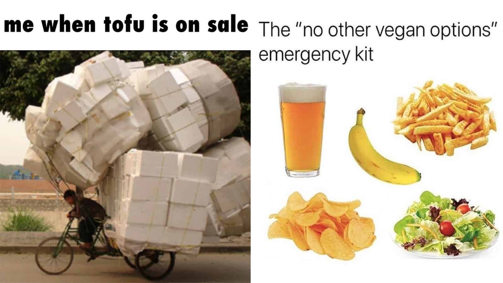 Tofu on sale emergency kit with beer, banana, fries, chips, and salad.