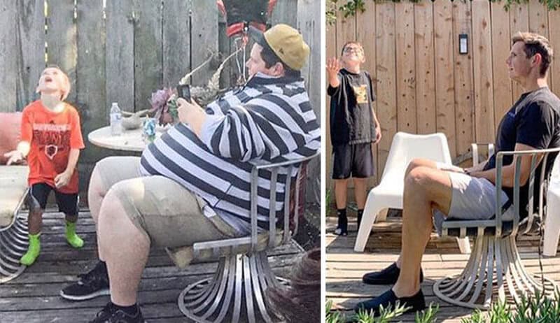 Before and after weight loss photos of a man and a boy in a backyard.