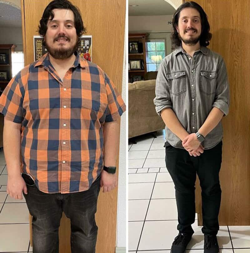 Before and after weight loss photos of a man in different shirts.