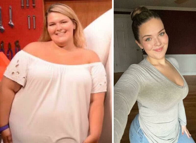 Before and after weight loss photos of a woman, showing significant transformation.