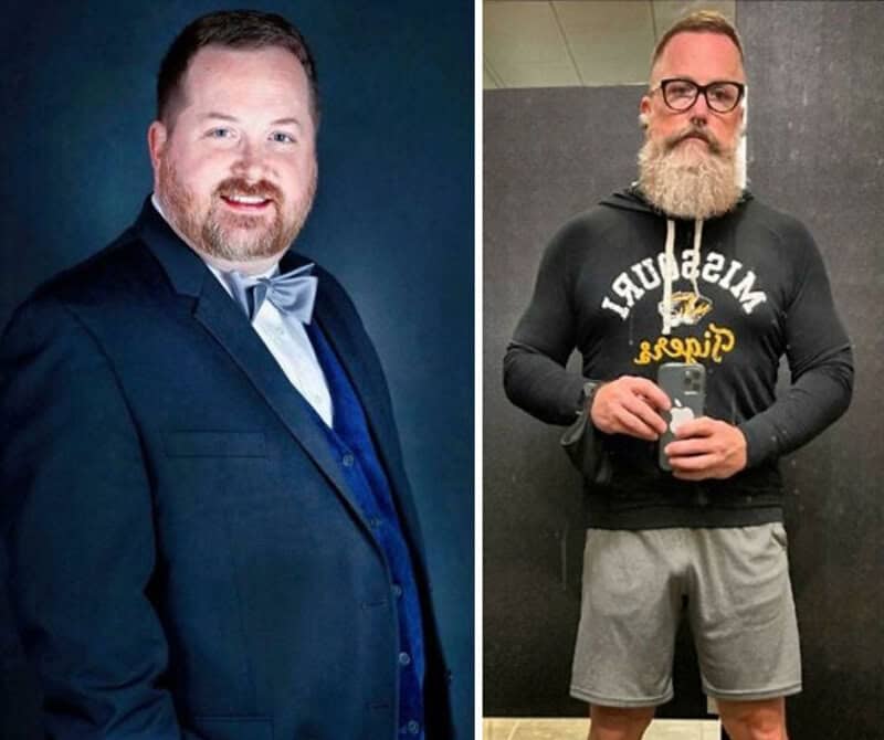 Before and after weight loss photos of a man with a beard and glasses.