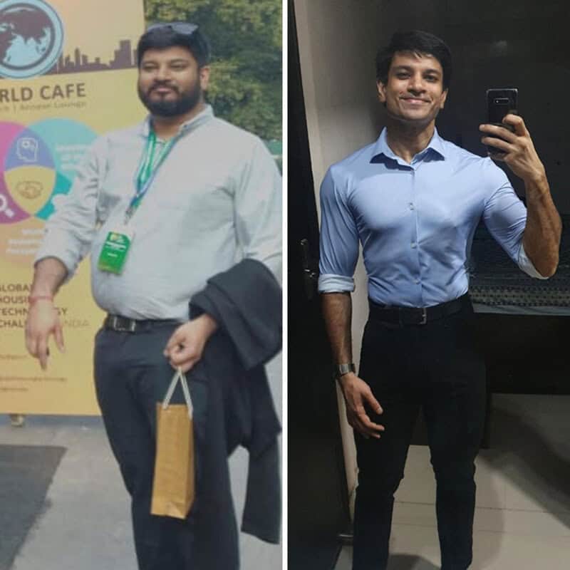 Before and after weight loss transformation of a man in formal attire.