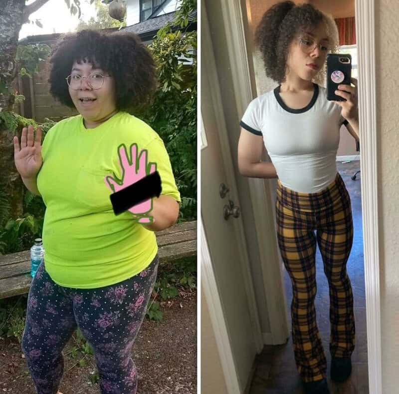 Before and after weight loss photos of woman with curly hair, wearing bright yellow shirt and galaxy.