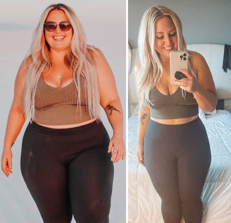 Before and after weight loss photos of a woman in a brown top and black pants.