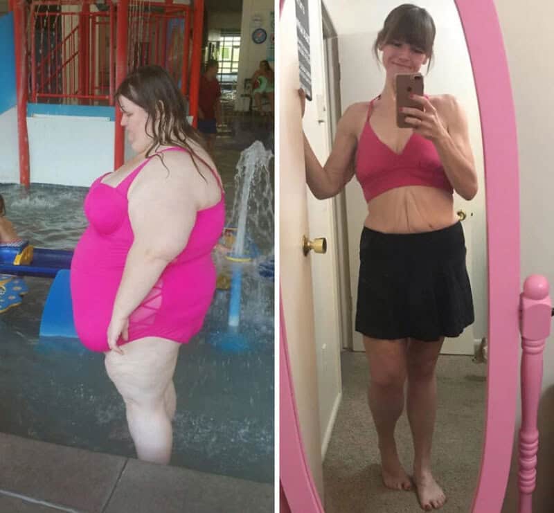 Before and after weight loss photos of a woman in pink top and black skirt.