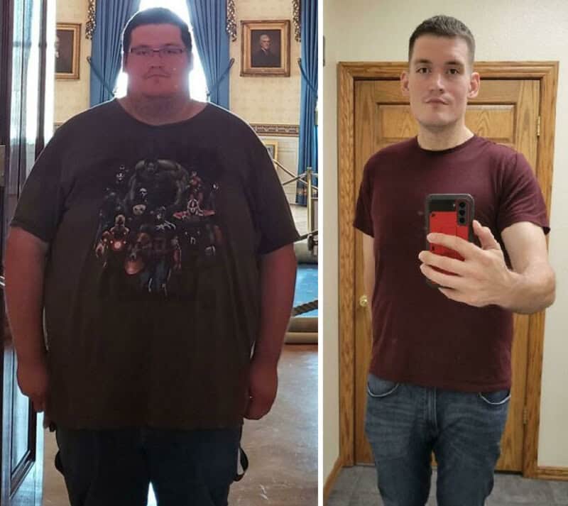 Before and after weight loss photos of a young man in a maroon shirt.