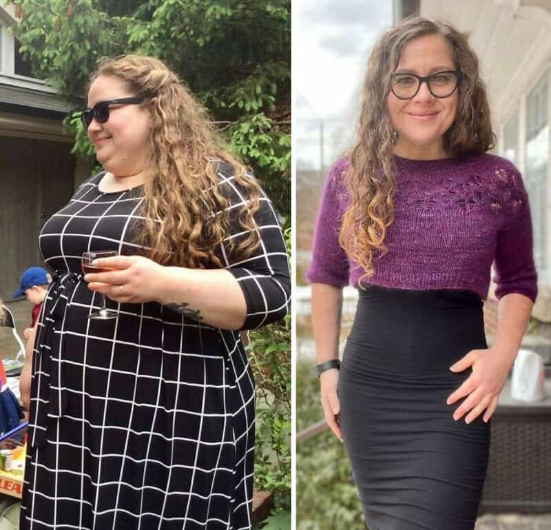 Before and after weight loss photos of a woman in different outfits.