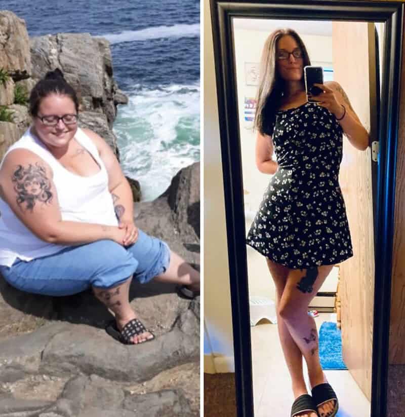 Before and after weight loss photos of a woman with tattoos, showing her transformation.