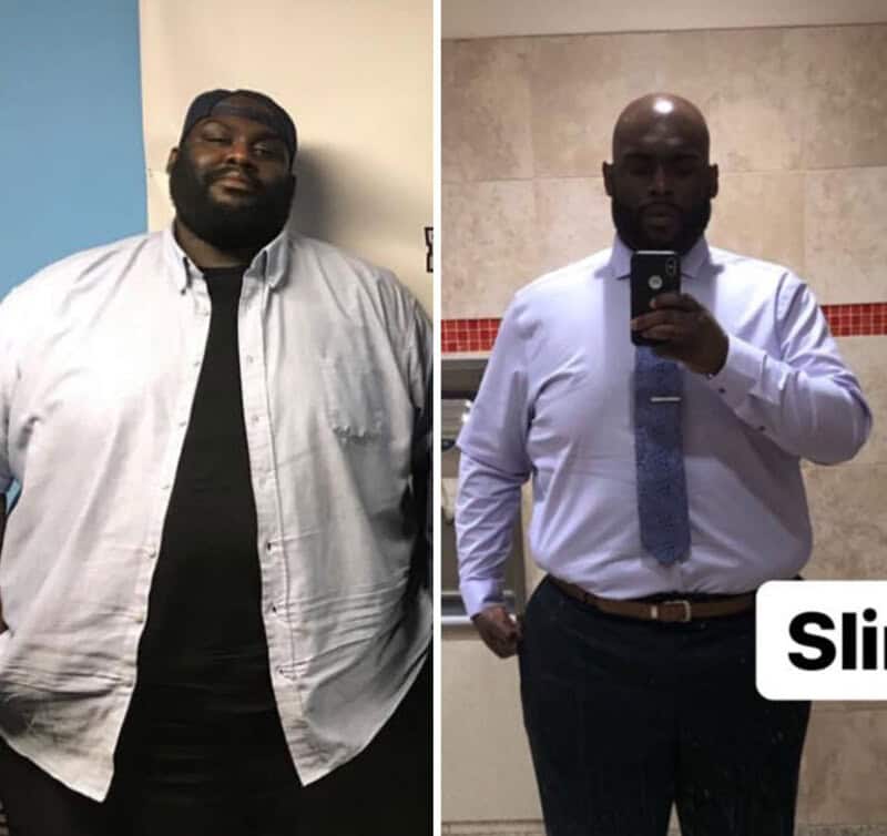 Before and after weight loss photos of a man in a white shirt and tie.