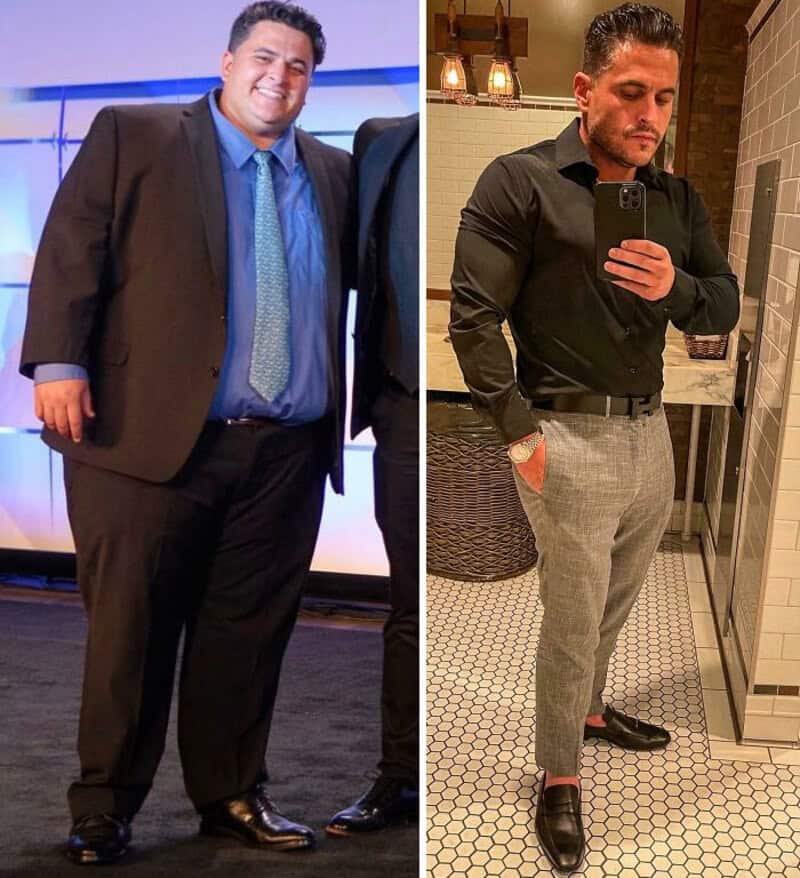 Before and after weight loss photos of a man in formal attire.