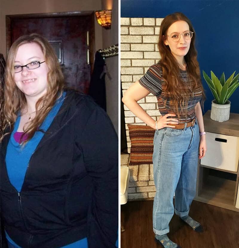 Before and after weight loss photos of a woman with long red hair and glasses.