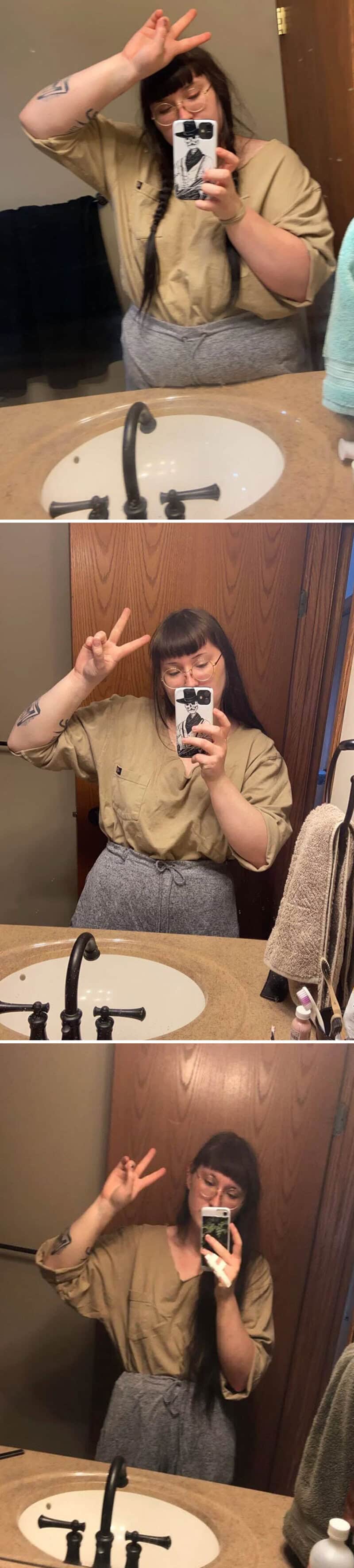 Three mirror selfies showing weight loss progress, woman making peace sign.