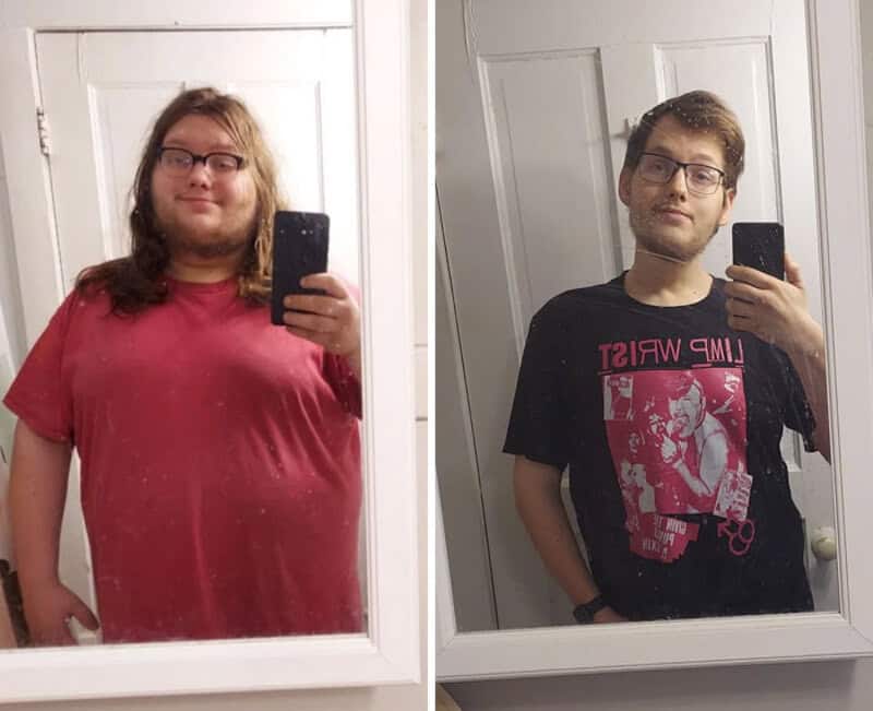 Before and after weight loss photos of a young man in mirror selfies.