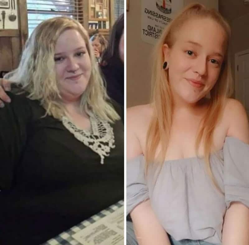 Before and after weight loss photos of a young woman with long blonde hair.
