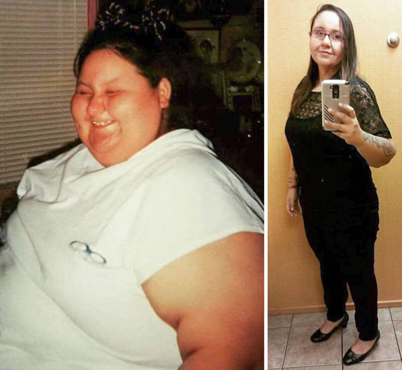 Weight loss transformation before and after photos of a woman.