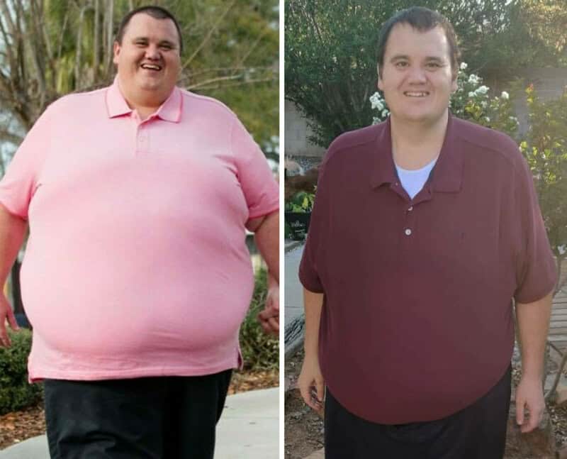 Before and after weight loss photos of a man in pink and maroon shirts.