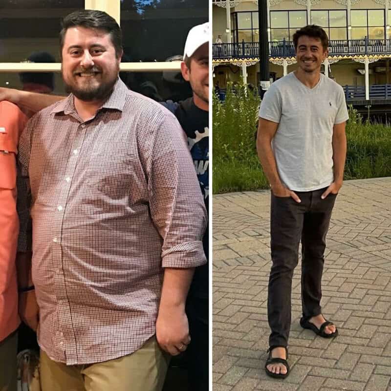 Before and after weight loss photos of a man, showing significant transformation.