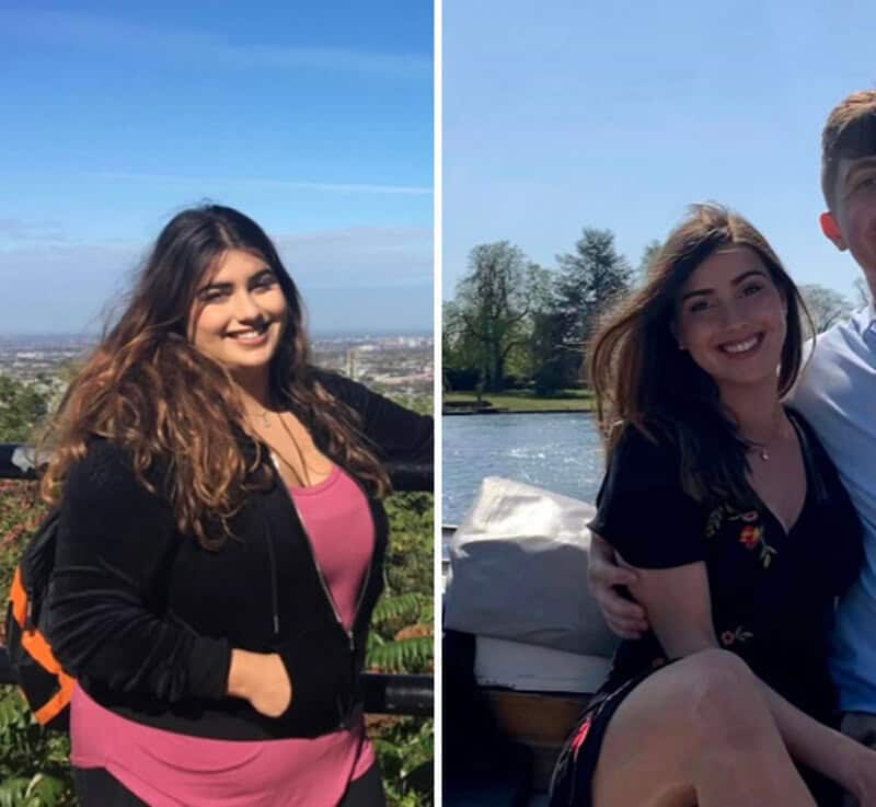 Before and after weight loss photos of a woman smiling outdoors.