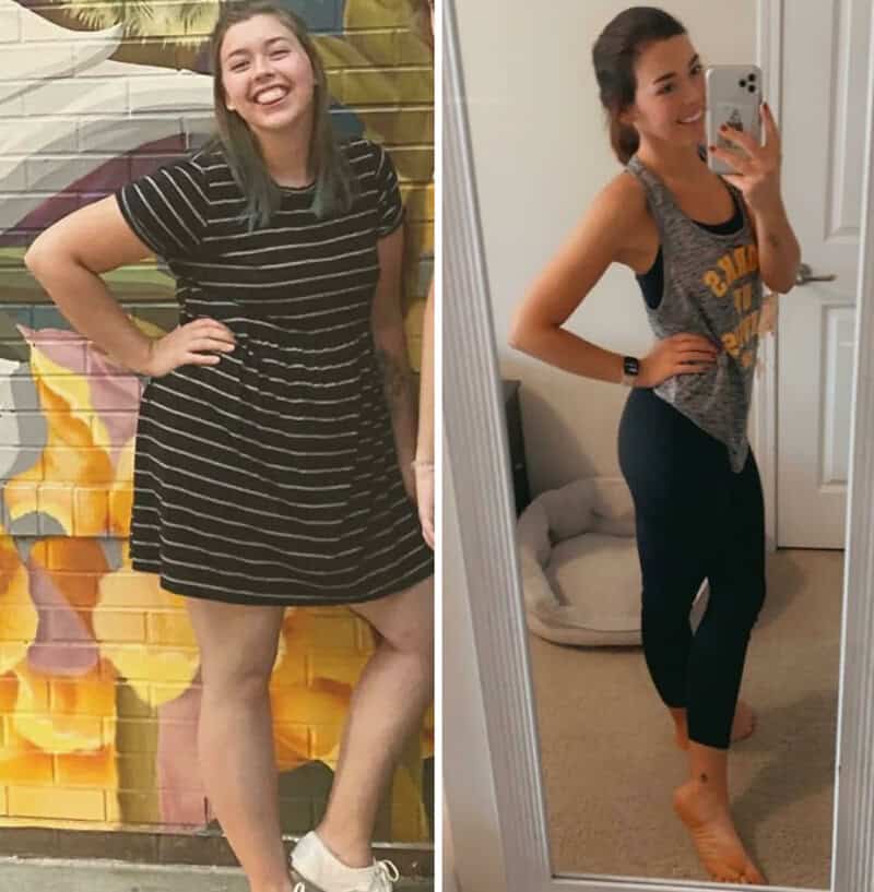 Before and after weight loss photos of a woman in casual outfits.