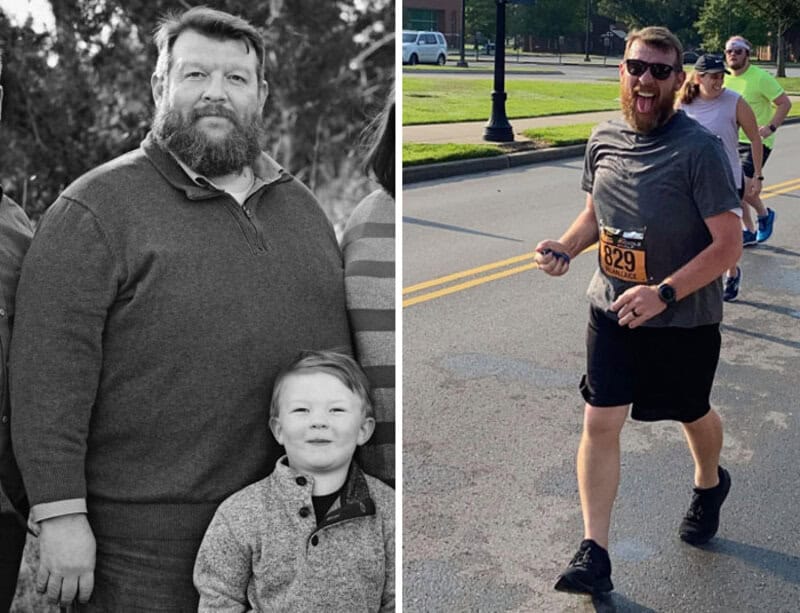 Before and after weight loss photos of a man, with a child in the first image and running in a race.