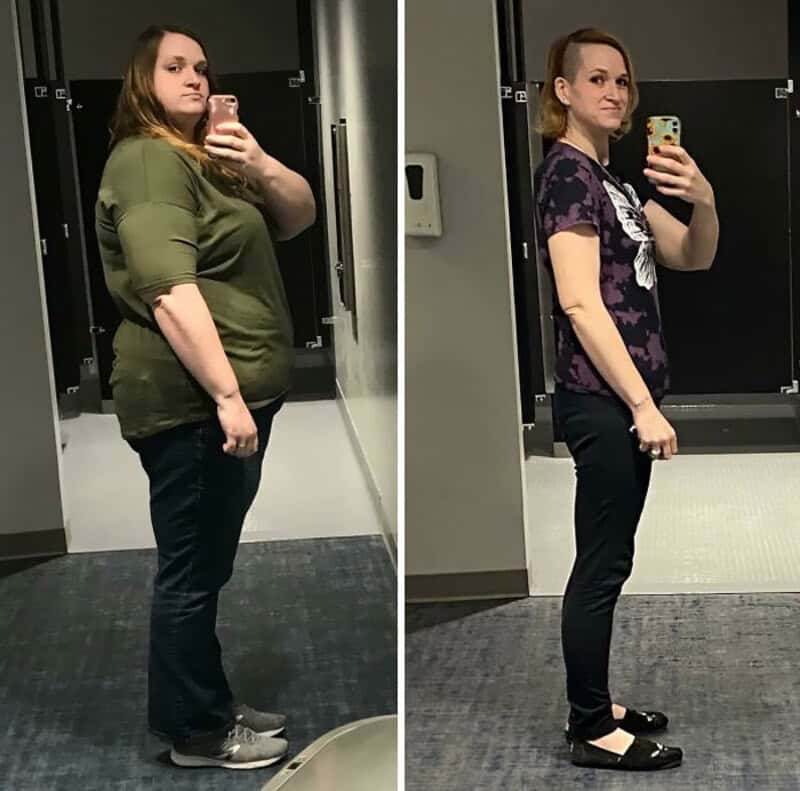 Before and after weight loss photos of a woman in a bathroom.