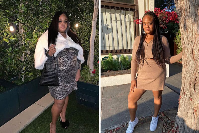 Before and after weight loss photos of a woman in different outfits.
