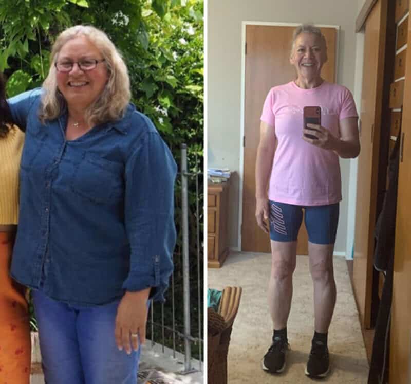 Before and after weight loss photos of a woman smiling, wearing blue and pink clothes.