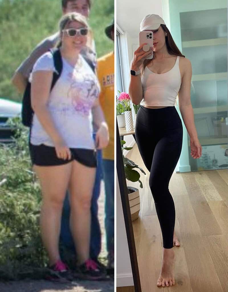 Before and after weight loss transformation of a woman in a side-by-side photo.