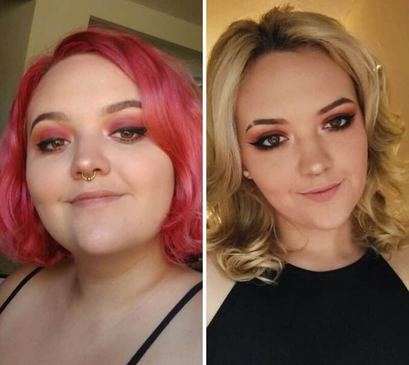 Before and after weight loss photos of a woman with different hair colors and makeup.
