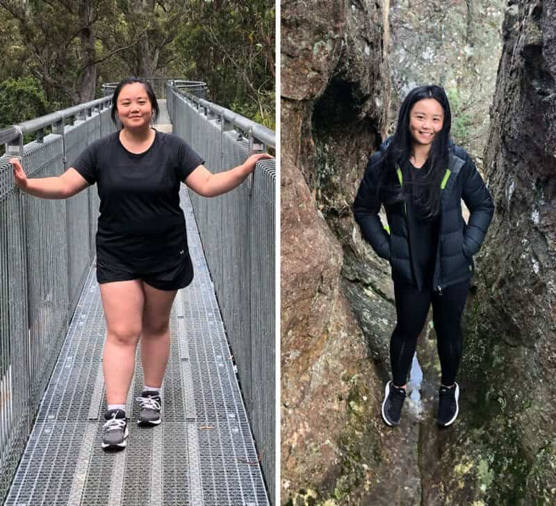 Before and after weight loss photos of a woman in outdoor settings.