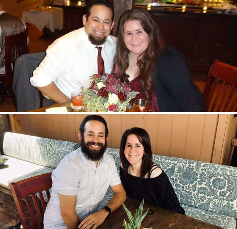 Before and after weight loss photos of a man and woman at a restaurant.