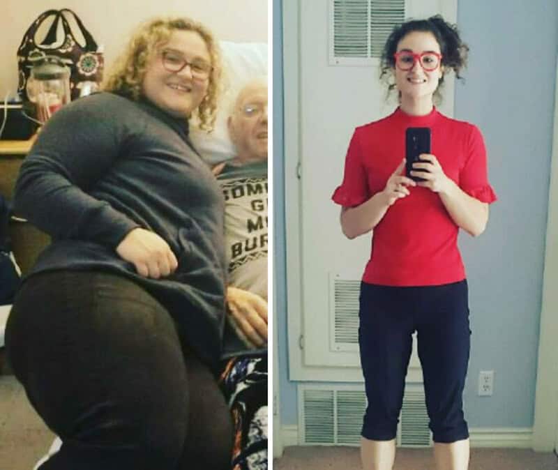 Before and after weight loss photos of a woman, showing significant transformation.