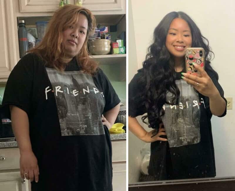 Before and after weight loss photos of a woman in a black T-shirt with 'FRIEND' text.
