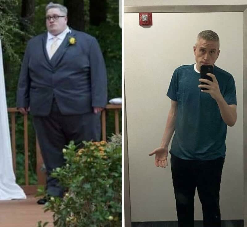 Before and after weight loss photos of a young man in different outfits.